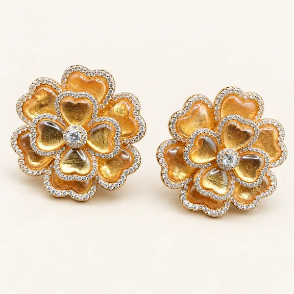 Heart-petal_floral_stud_earrings_|_Amber_/_gold_tone