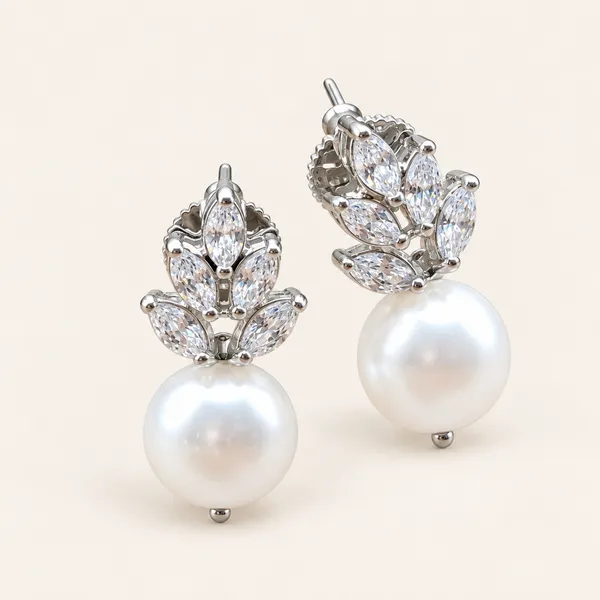 Five-leaf_cluster_earrings_with_white_pearl_drops_|_Clear_/_white_/_silver_tone