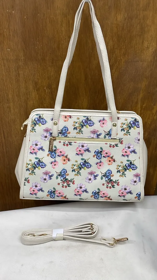 White_Pu_Leather_Floral_Print_Handbag_For_Women