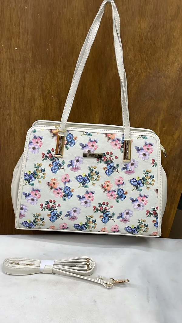 White_Pu_Leather_Floral_Print_Handbag_For_Women