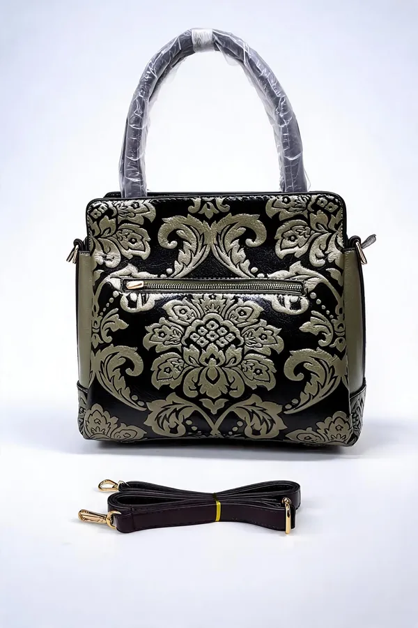 Black_Pu_Leather_Floral_Structured_Tote_Bag_For_Women
