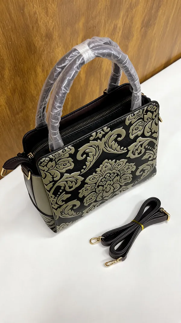 Black_Pu_Leather_Floral_Structured_Tote_Bag_For_Women