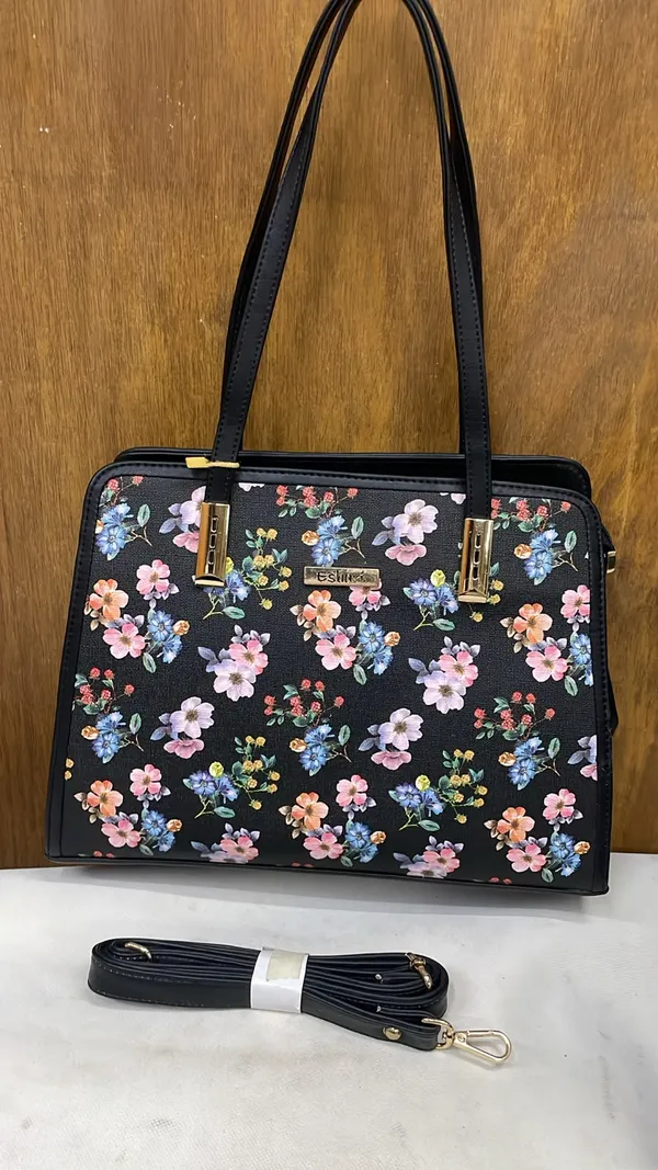 Black_Pu_Leather_Floral_Print_Tote_Bag_For_Women