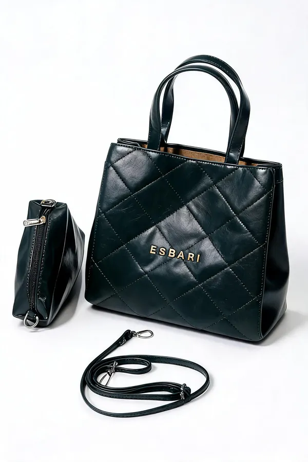 Black_Pu_Leather_Quilted_Handbag_Set_For_Women