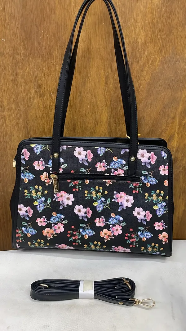 Black_Pu_Leather_Floral_Print_Tote_Bag_For_Women