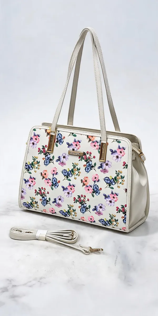 White_Pu_Leather_Floral_Print_Handbag_For_Women