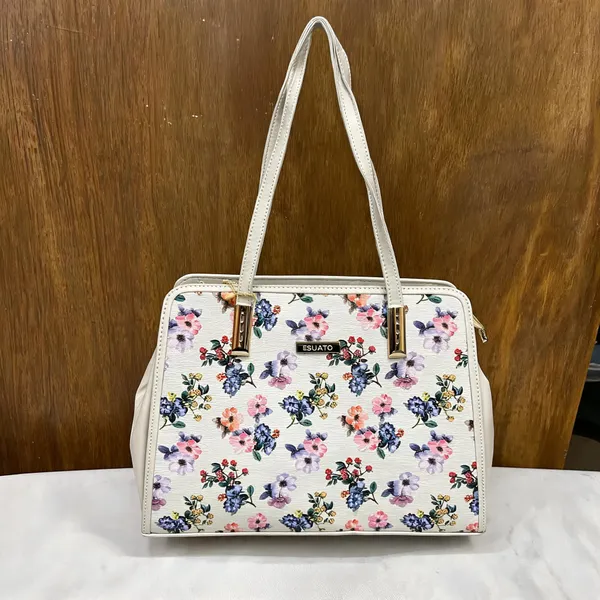 White_Pu_Leather_Floral_Print_Handbag_For_Women