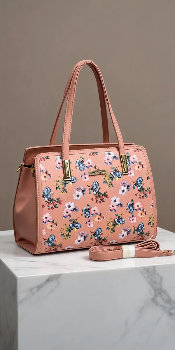 Pink_Pu_Leather_Floral_Print_Structured_Handbag_For_Women