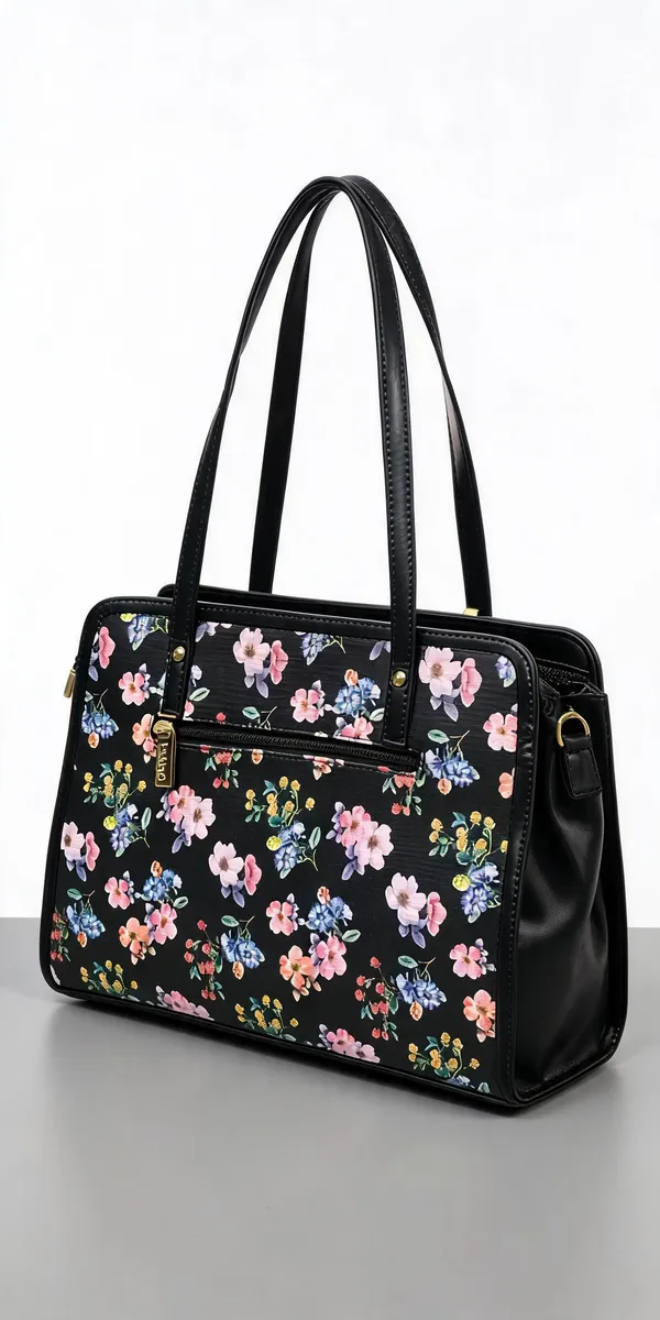 Black_Pu_Leather_Floral_Print_Tote_Bag_For_Women