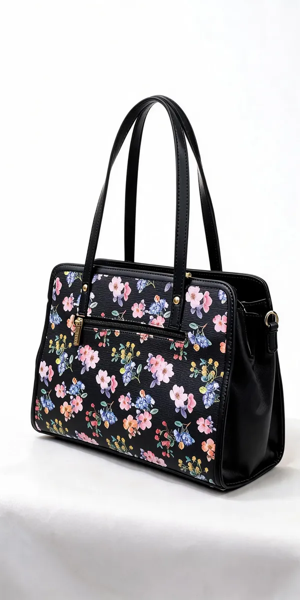 Black_Pu_Leather_Floral_Print_Tote_Bag_For_Women