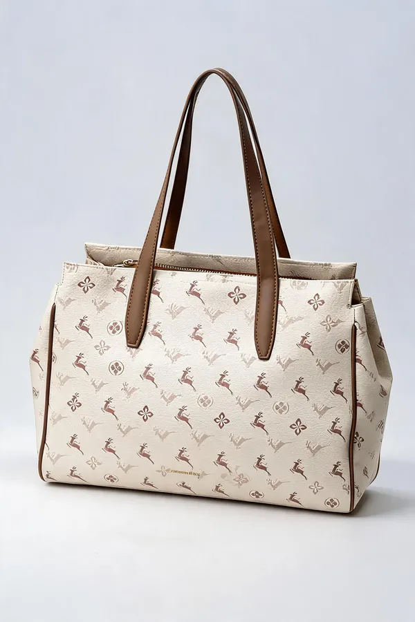 Cream_Pu_Leather_Printed_Tote_Bag_For_Women
