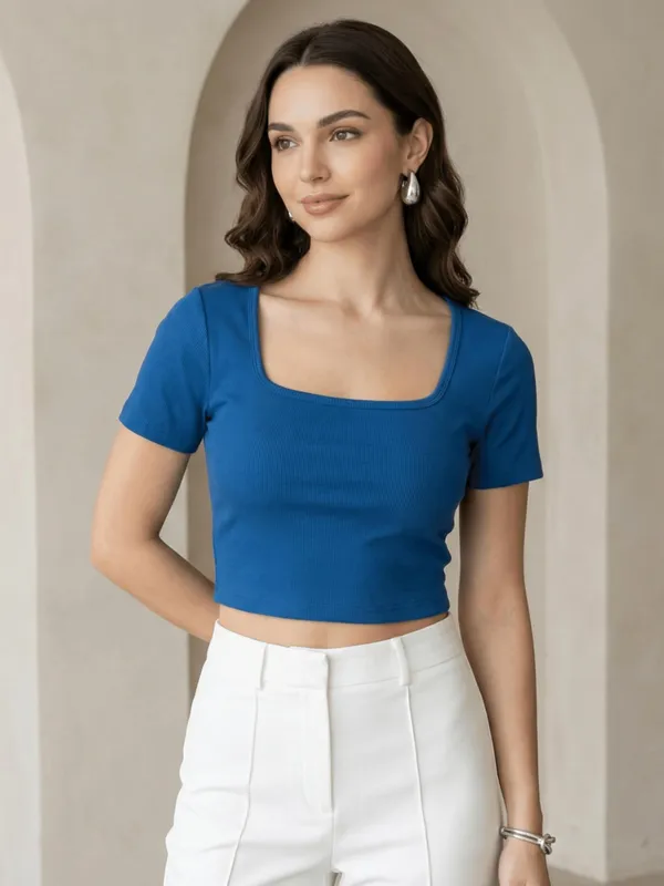 Blue_Poly_Cotton_Ribbed_Top_For_Women