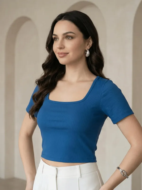 Blue_Poly_Cotton_Ribbed_Top_For_Women