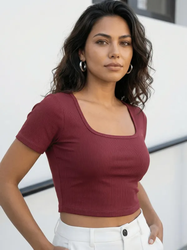 Maroon_Poly_Cotton_Ribbed_Top_For_Women