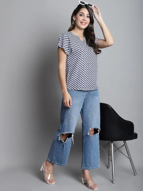 White_And_Blue_Polyester_Top_For_Women