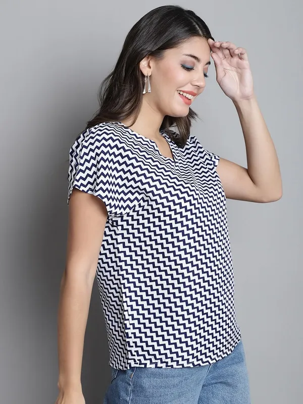 White_And_Blue_Polyester_Top_For_Women