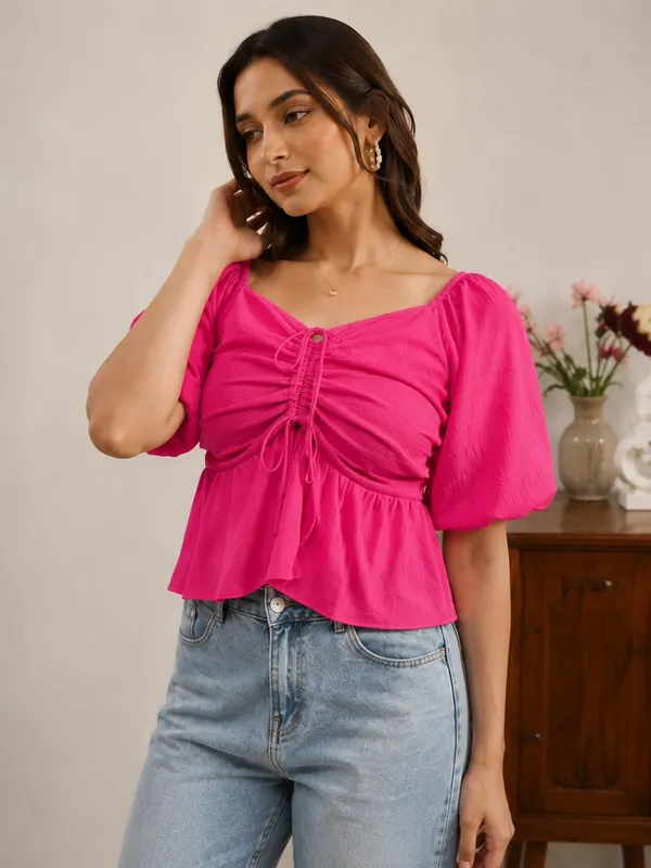 Fuchsia_Pink_Cotton_Blend_Top_For_Women