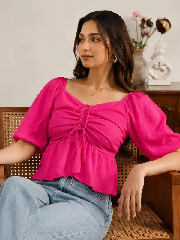 Fuchsia_Pink_Cotton_Blend_Top_For_Women