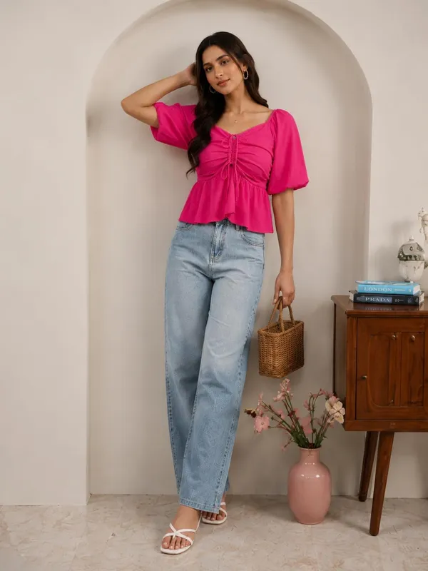 Fuchsia_Pink_Cotton_Blend_Top_For_Women