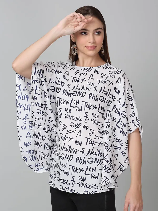 White_And_Blue_Poly_Cotton_Top_For_Women