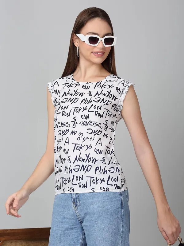 White_And_Blue_Poly_Cotton_Top_For_Women
