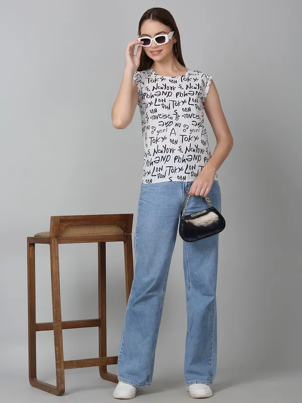 White_And_Blue_Poly_Cotton_Top_For_Women