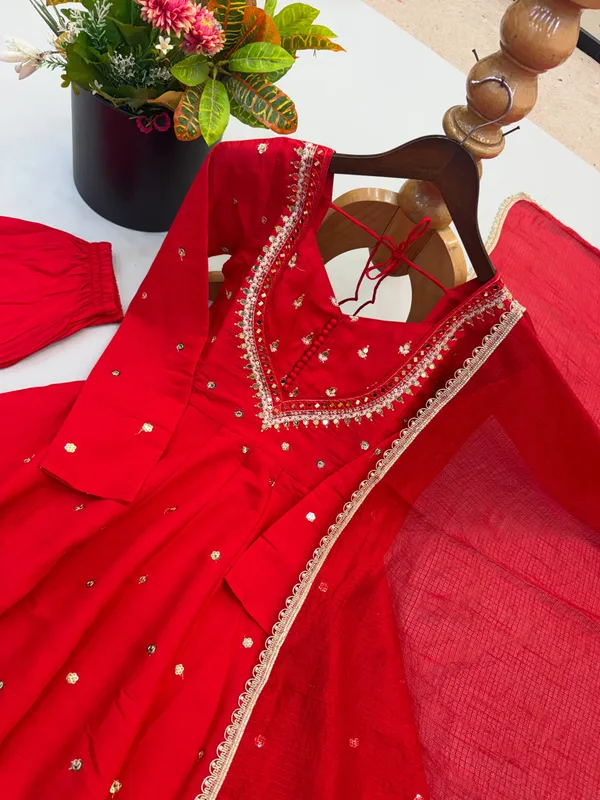 Red_Silk_Satin_Flared_Embellished_Anarkali_Suit_Set_For_Women