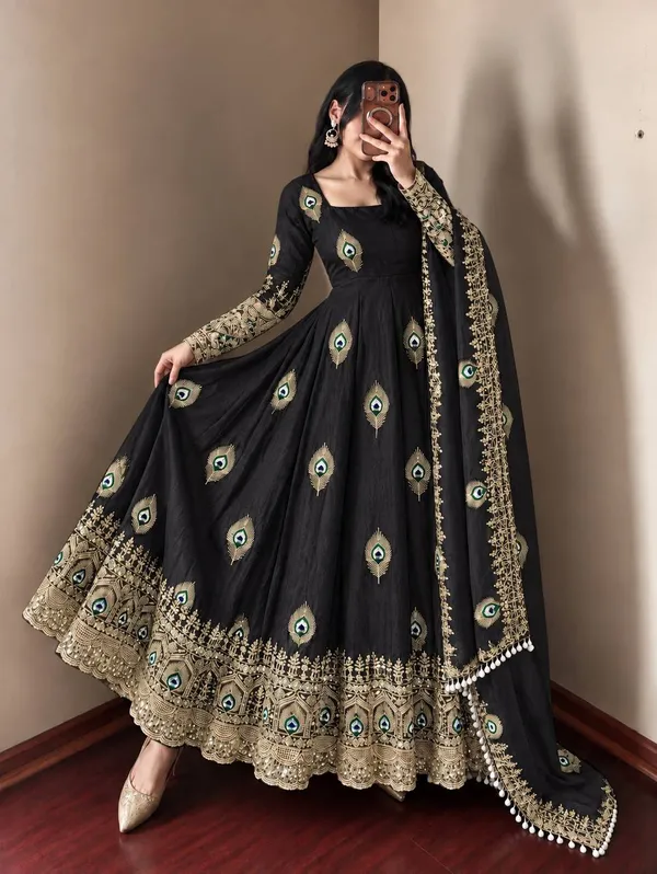 Black_Satin_Silk_Flared_Embroidered_Anarkali_Suit_Set_For_Women