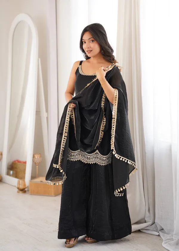 Black_Satin_Silk_Embellished_Kurta_Palazzo_Dupatta_Set_For_Women