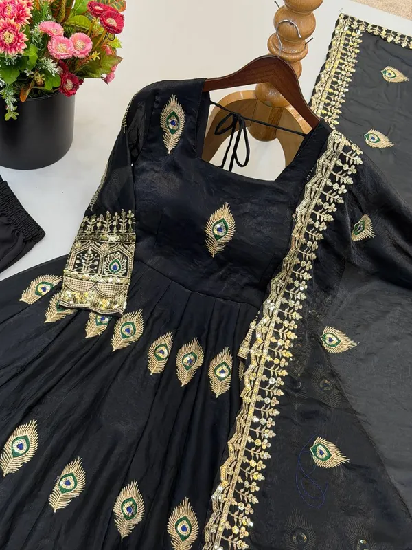 Black_Satin_Silk_Flared_Embroidered_Anarkali_Suit_Set_For_Women