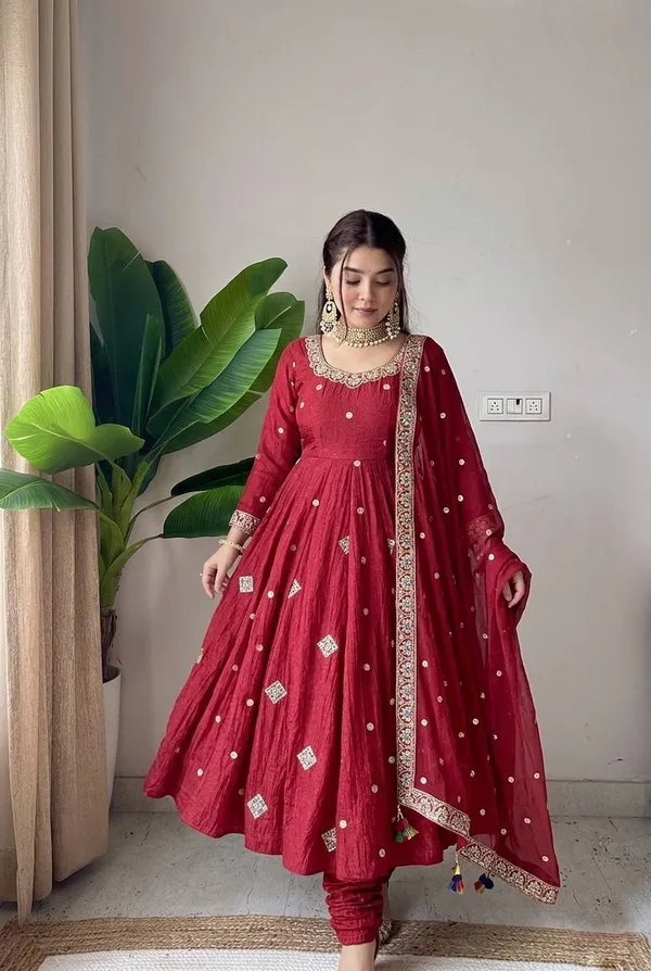 Red_Silk_Satin_Flared_Embellished_Anarkali_Suit_Set_For_Women