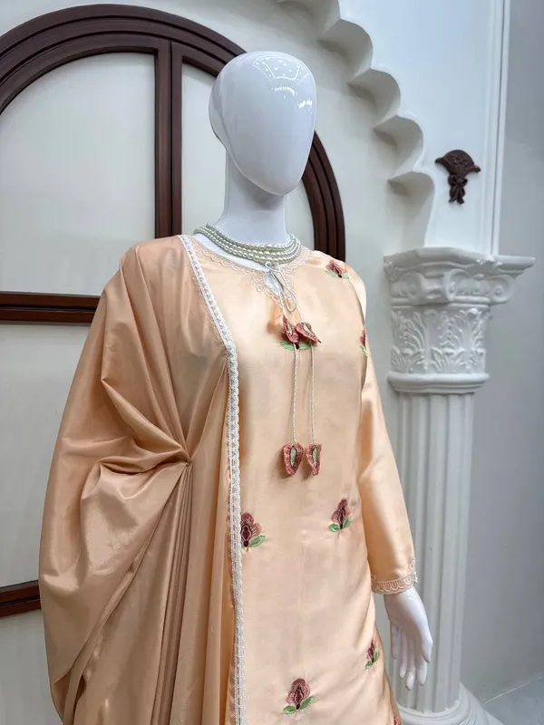 Peach_Satin_Silk_Floral_Embroidered_Kurta_Pant_Dupatta_Set_For_Women