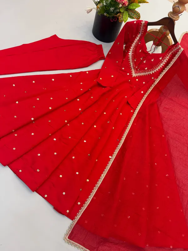 Red_Silk_Satin_Flared_Embellished_Anarkali_Suit_Set_For_Women