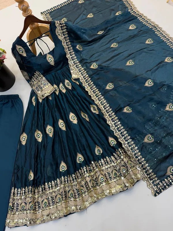 Peacock_Blue_Satin_Silk_Flared_Anarkali_Suit_Set_For_Women