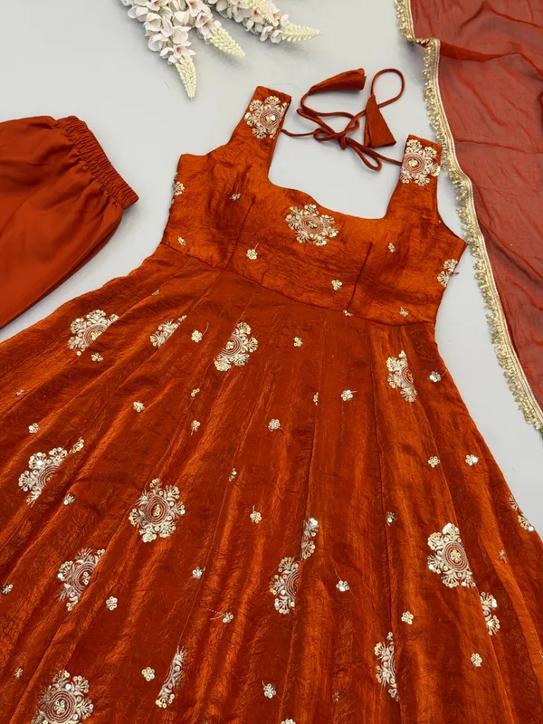 Rust_Satin_Silk_Sleeveless_Embellished_Anarkali_Suit_Set_For_Women