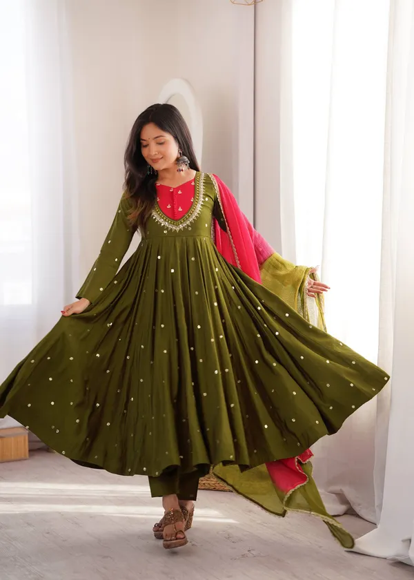 Olive_Green_Silk_Satin_Embellished_Flared_Anarkali_Suit_Set_For_Women
