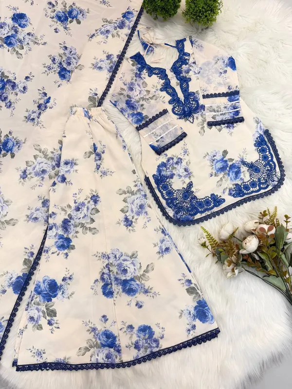 Blue_Georgette_Floral_Print_Kurta_Palazzo_Dupatta_Set_For_Women