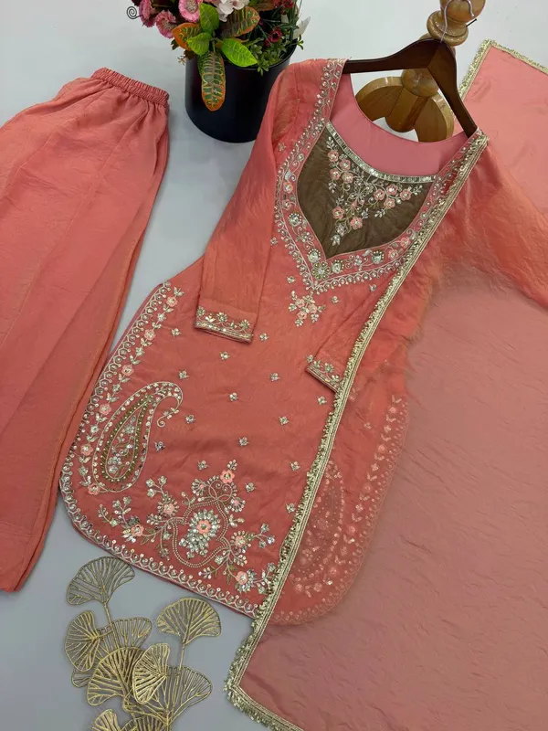 Peach_Satin_Silk_Straight_Embroidered_Suit_Set_For_Women