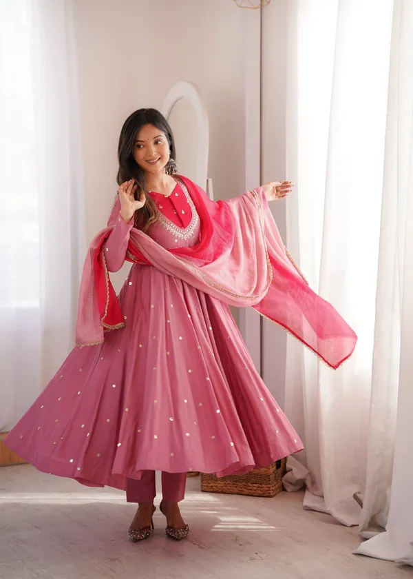 Pink_Silk_Satin_Embellished_Flared_Anarkali_Suit_Set_For_Women