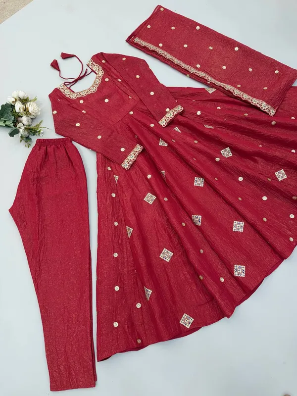 Red_Silk_Satin_Flared_Embellished_Anarkali_Suit_Set_For_Women