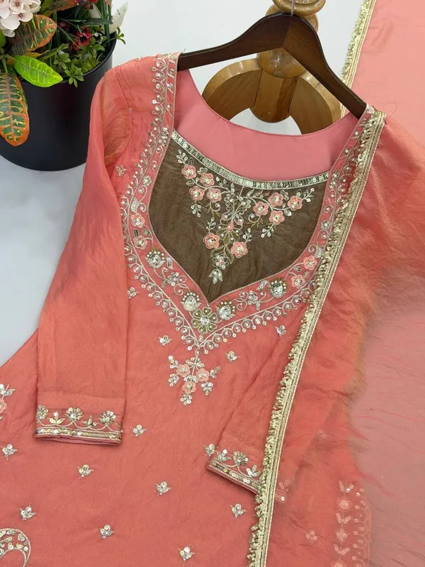 Peach_Satin_Silk_Straight_Embroidered_Suit_Set_For_Women