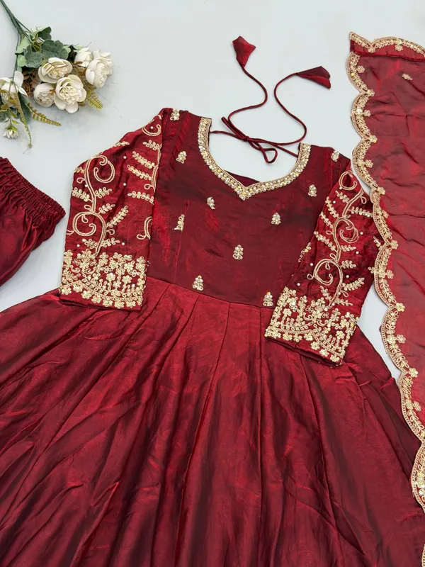 Maroon_Satin_Silk_Flared_Embroidered_Anarkali_Suit_Set_For_Women