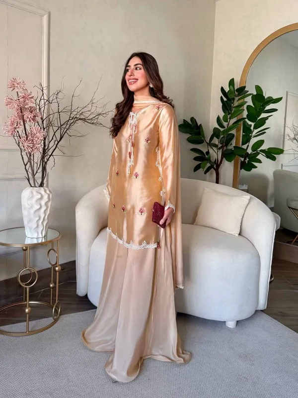 Peach_Satin_Silk_Floral_Embroidered_Kurta_Pant_Dupatta_Set_For_Women