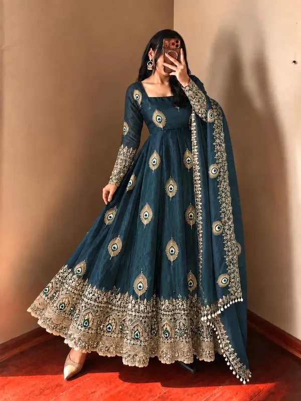 Peacock_Blue_Satin_Silk_Flared_Anarkali_Suit_Set_For_Women