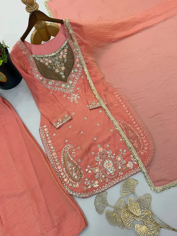 Peach_Satin_Silk_Straight_Embroidered_Suit_Set_For_Women