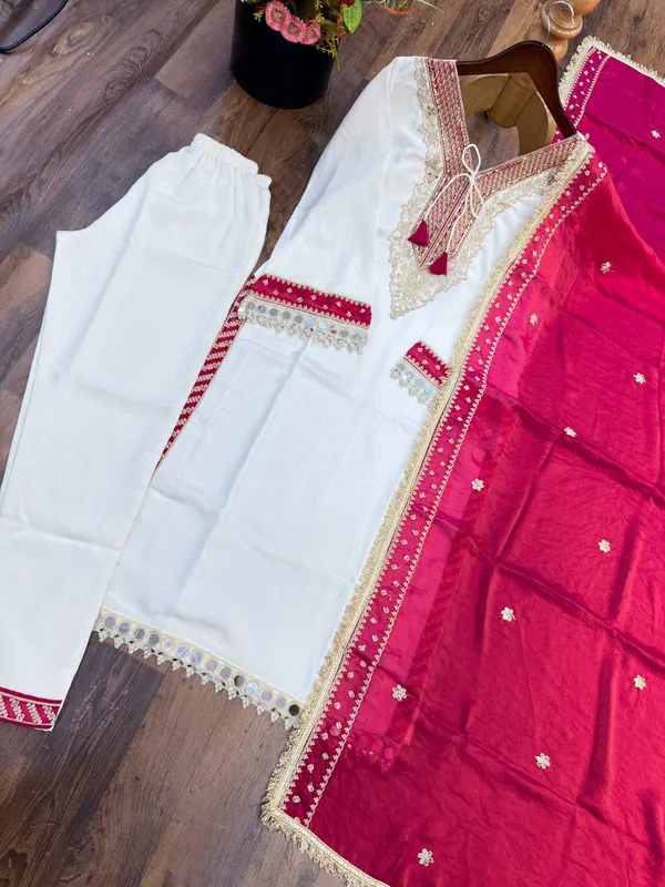 White_And_Pink_Silk_Satin_Straight_Embroidered_Kurta_Set_For_Women
