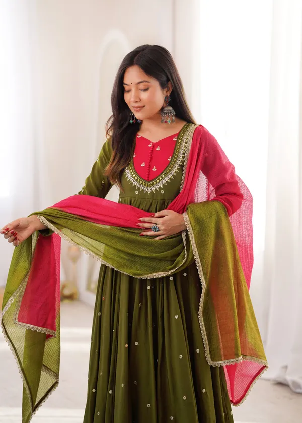 Olive_Green_Silk_Satin_Embellished_Flared_Anarkali_Suit_Set_For_Women
