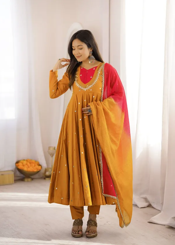 Mustard_Silk_Satin_Flared_Embellished_Anarkali_Suit_Set_For_Women