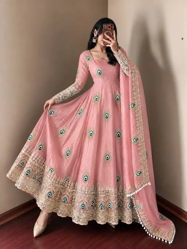 Peach_Satin_Silk_Flared_Embroidered_Anarkali_Suit_Set_For_Women