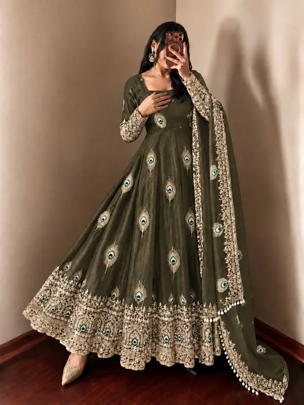 Olive_Green_Satin_Silk_Flared_Anarkali_Suit_Set_For_Women